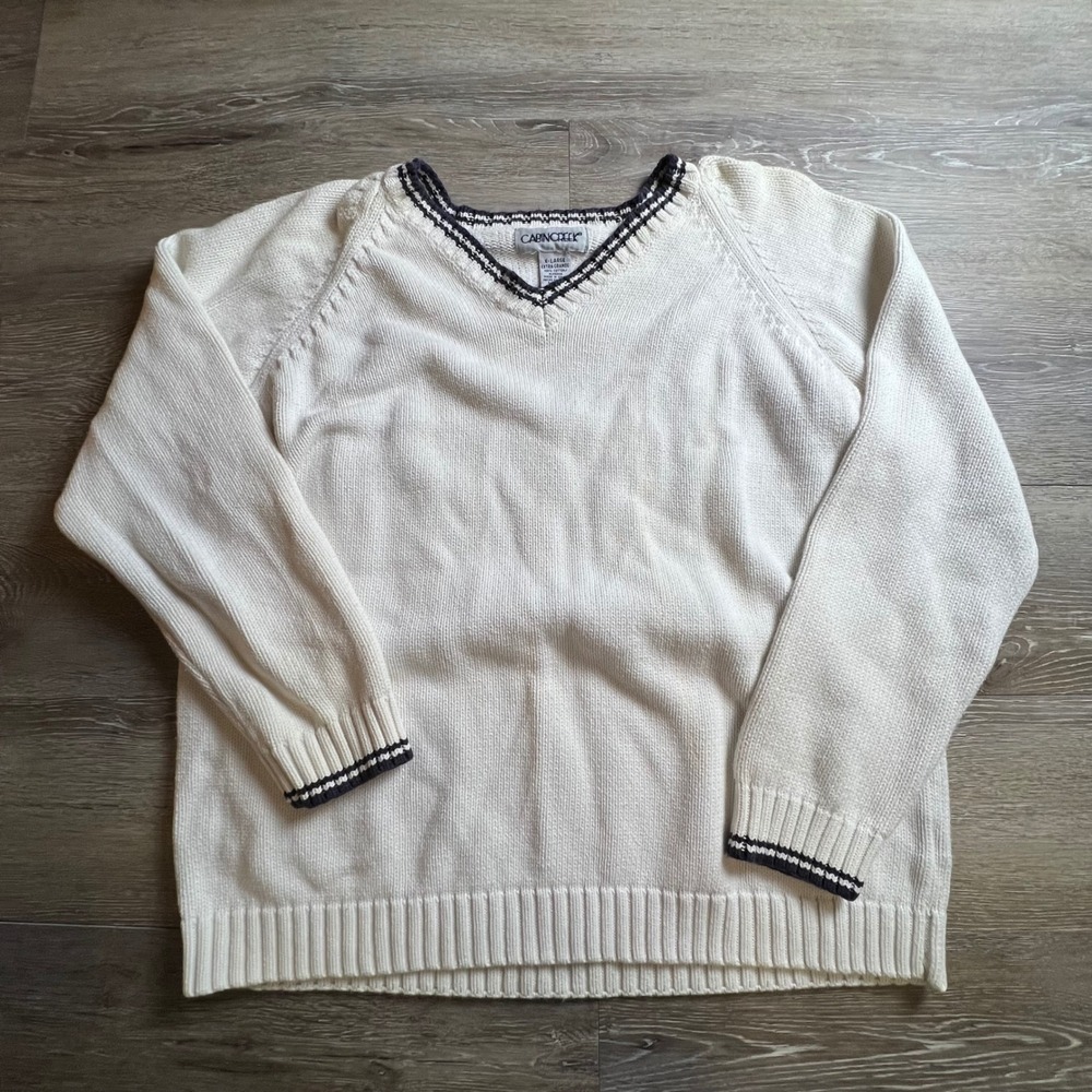 Cabin Creek Sweater Womens XL White V-Neck Cotton Knit Navy Trim Preppy Vintage